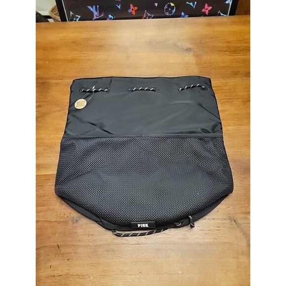 Victoria's Secret PINK Drawstring Bag Backpack Carry On Adjustable Mesh Black - Picture 1 of 9